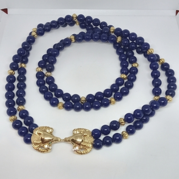 Kenneth Jay Lane Jewelry - * vintage Kenneth Lane KJL Avon Rams Head blue glitter bead necklace 2 strand
